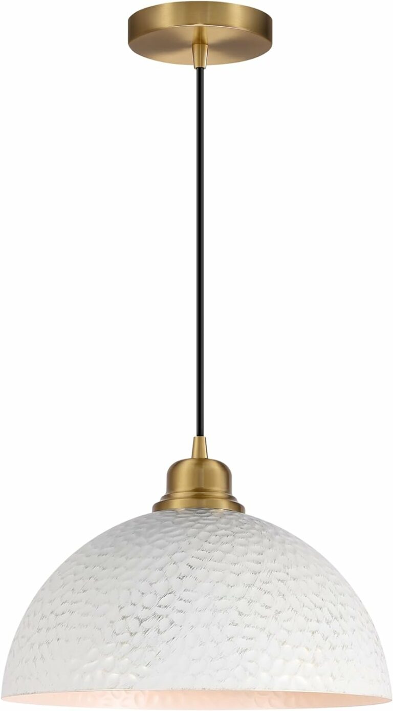 Industrial Pendant Light, White and Gold Hanging Lamp with Hammered Metal Shade, Modern Pendant Light Fixtures for Kitchen Island, Bar, Farmhouse Dining Room, Bedroom, Living Room, DD024-1-WG