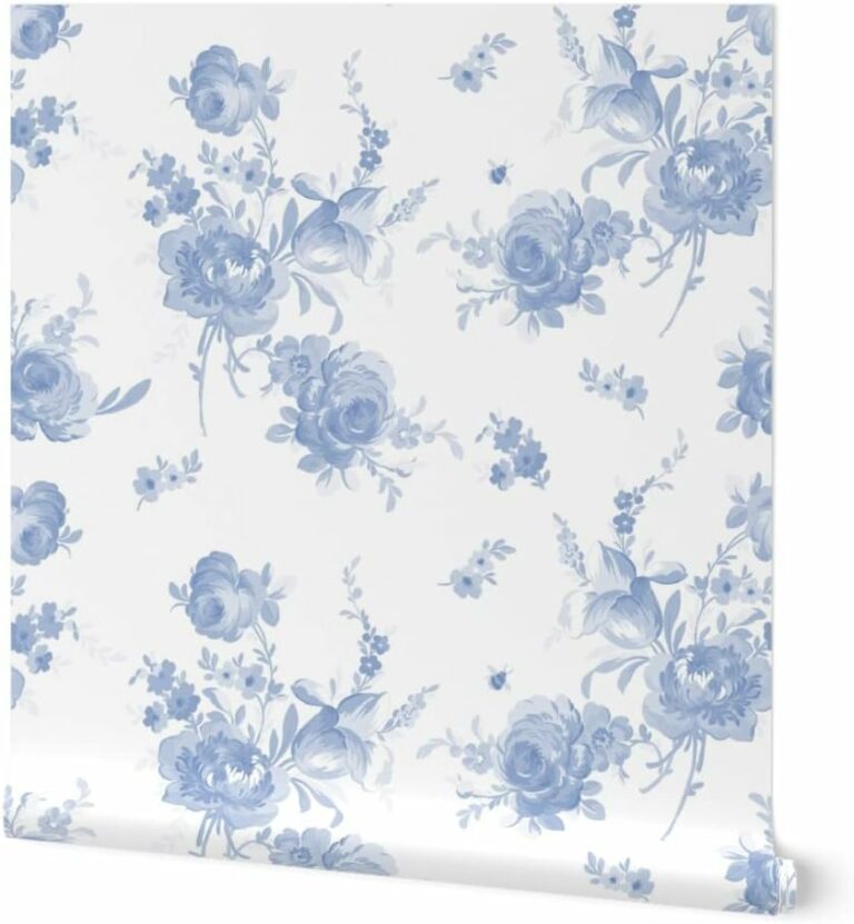 Spoonflower Removable Wallpaper 3ft x 2ft – Romantic Floral Blue White Shabby Chic Flowers Spring Faded Custom Pre-Pasted Wallpaper