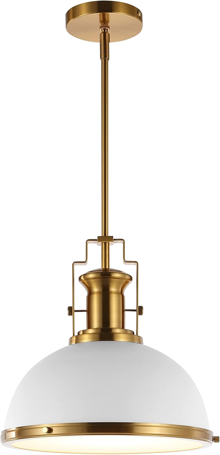 JONATHAN Y JYL9536D Homer 13″ 1-Light Modern Industrial Iron LED Dome Pendant Classic, Cottage, Farmhouse Bedroom Living Room, Brass Gold/White