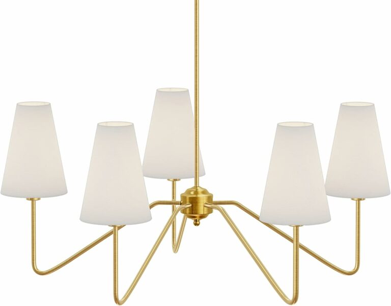 Electro bp;30″ Dia 5-Arm Classic Chandeliers Polished Gold with White Linen Shades,Ceiling Light Fixture for Dining Room,Living Room,Entryway,E12,200W