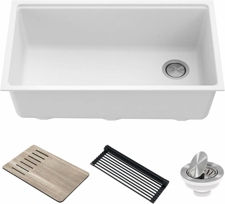 KRAUS Bellucci Workstation 32-inch Undermount Granite Composite Single Bowl Kitchen Sink in White with Accessories, KGUW1-33WH