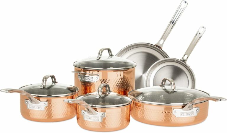 Viking Culinary 3-Ply Stainless Steel Hammered Copper Clad Cookware Set, 10 Piece, Oven Safe, Works on Electronic, Ceramic, and Gas Cooktops