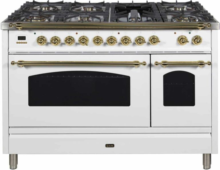 UPN120FDMPB 48″ Nostalgie Series Dual Fuel Natural Gas Range with 7 Sealed Burners; 5 cu. ft. Total Capacity True Convection Oven; Griddle; with Brass Trim; in White