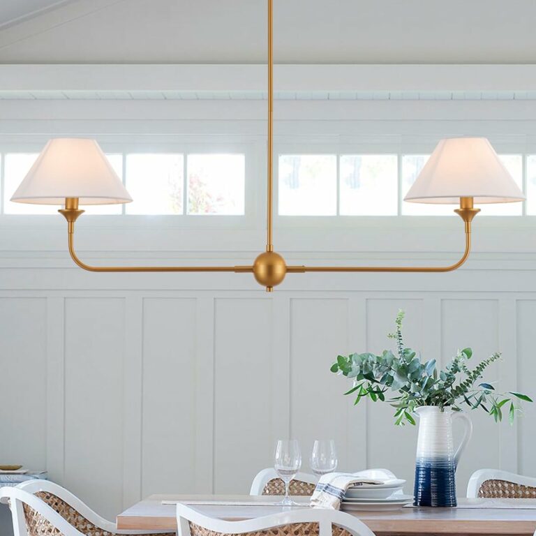 Modern Linear Chandeliers for Dining Room, Gold Island Light Fixtures with Off-White Fabric Shade, Rustic Linear Pendant Light for Kitchen