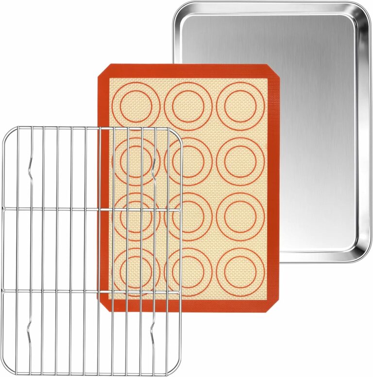 Small Toaster Oven Pan with Rack & Mat Set, P&P CHEF 10.4 Inch Stainless Steel Toaster Oven Tray, Cooling Rack & Silicone Mat for Small Oven & Single Person Use, Non Toxic & Easy to Clean