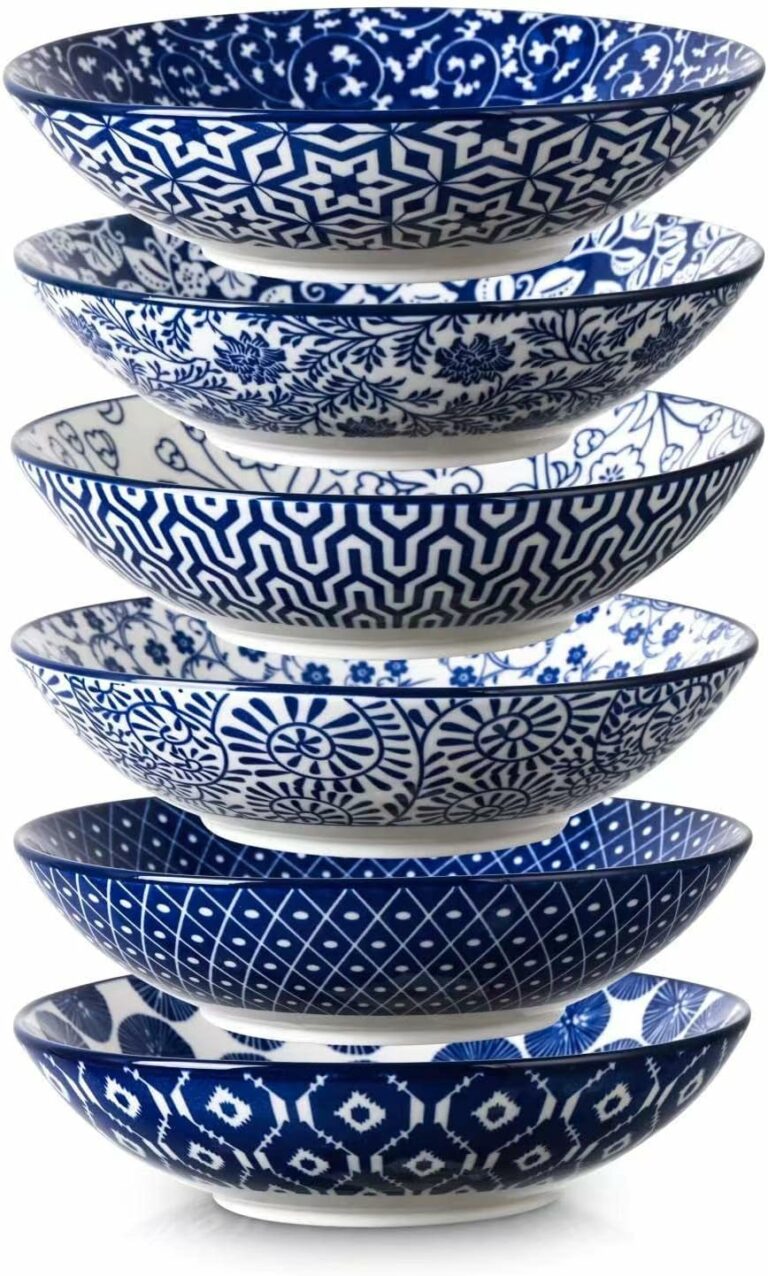 Selamica Ceramic 30oz Large Pasta Salad Bowls 8 Inch Wide and Shallow Soup Bowls, Stackable, Microwave and Oven Safe, Set Of 6, Vintage Blue