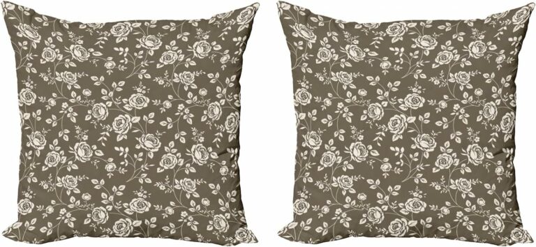 Lunarable Rose Throw Pillow Cushion Cover Pack of 2, Silhouette Pattern of Rose Branches Twig Ornamental Old Fashioned Antique Design, Zippered Double-Side Digital Print Decor, 18″, Dark Taupe White