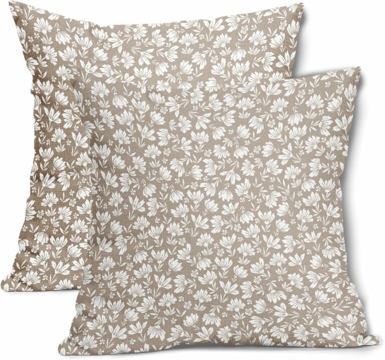 Tan Khaki Beige Daisy Floral Pillow Covers 18X18 Inch Vintage Flowers Decorative Pillow Cases Set of 2 Block Print Cotton Linen Throw Pillows Farmhouse Decor For Sofa Couch Porch Bed Cushion Outdoor