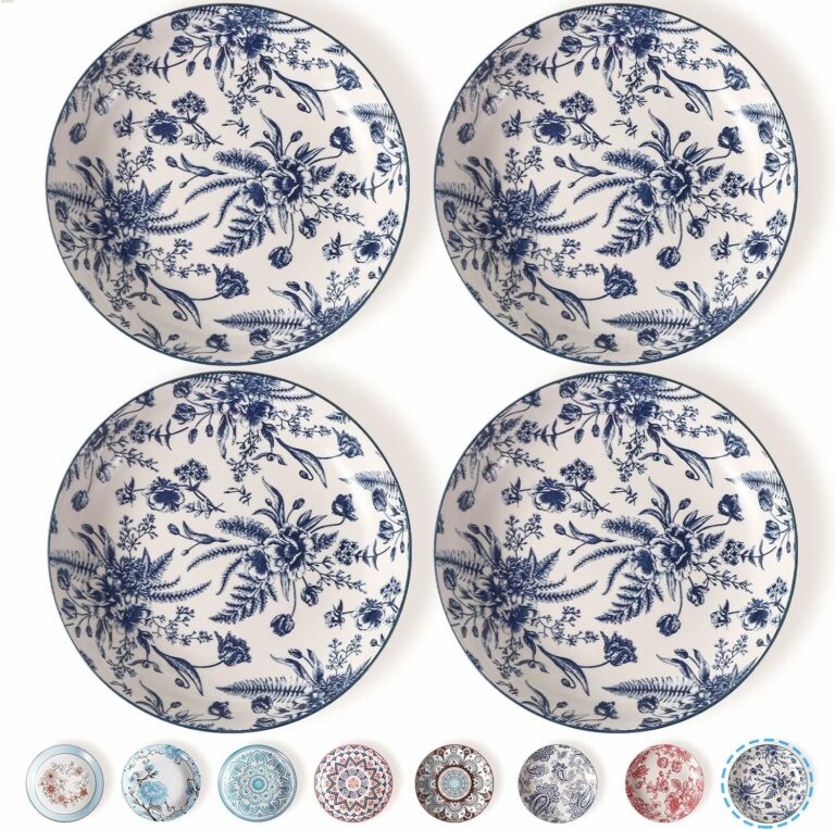 Artena Pasta Bowls Set Of 4, 26oz Porcelain Salad Bowls, 8 Inch Bowls For Kitchen, Colorful Dinner Plates, Serving Bowls For Entertaining, Shallow Bowl For Eating, Microwave, Oven Safe, Blue Flower