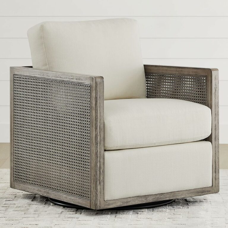 CHITA Swivel Accent Chair, Rattan Arm Chair for Living Room and Bedroom, Cream Fabric with Grey Frame