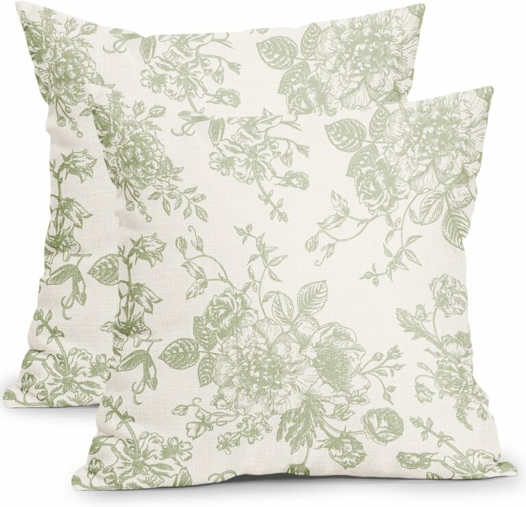 Vintage Floral Pillow Covers 18×18 Inch Set of 2 Sage Green and Cream Floral Throw Pillow Covers Chinoiserie Flower Pillowcases Rustic Farmhouse Cotton Linen Cushion Covers for Couch Bed Sofa Decor