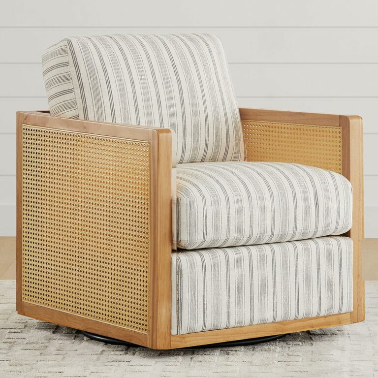 CHITA Swivel Accent Chair, Rattan Arm Chair for Living Room and Bedroom, Stripes Fabric with Natural Frame