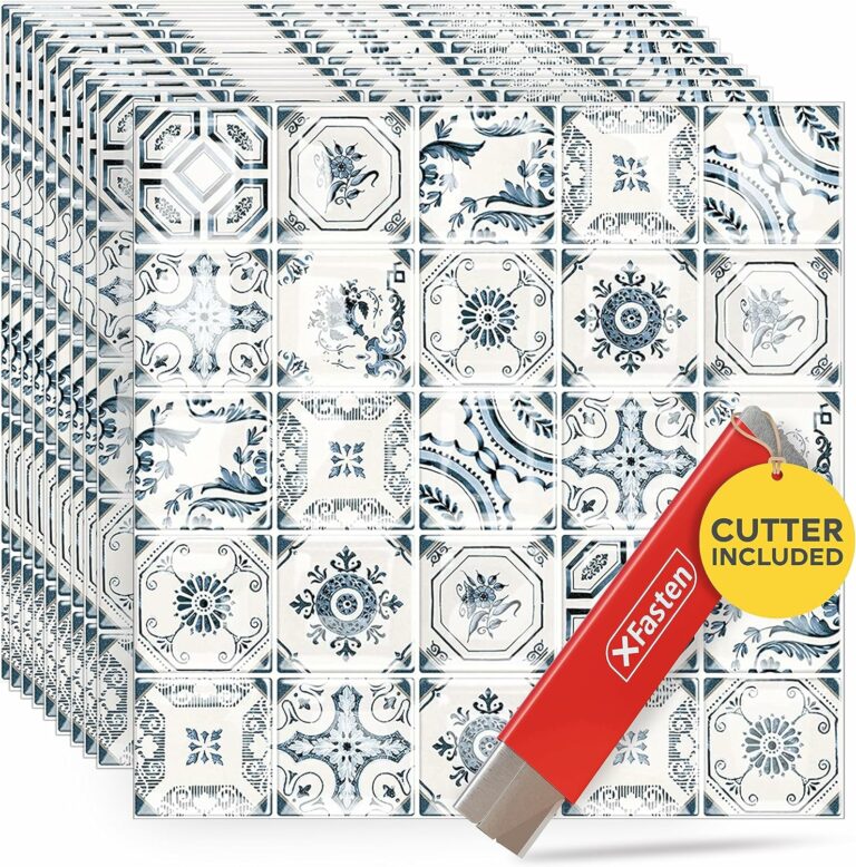 XFasten Square Peel and Stick Backsplash for Kitchen 10pcs 12” x 12” + Cutter Mediterranean Kitchen Backsplash Tile Peel and Stick Tiles Stick on Adhesive Backsplash Tile for Kitchen and Bathroom