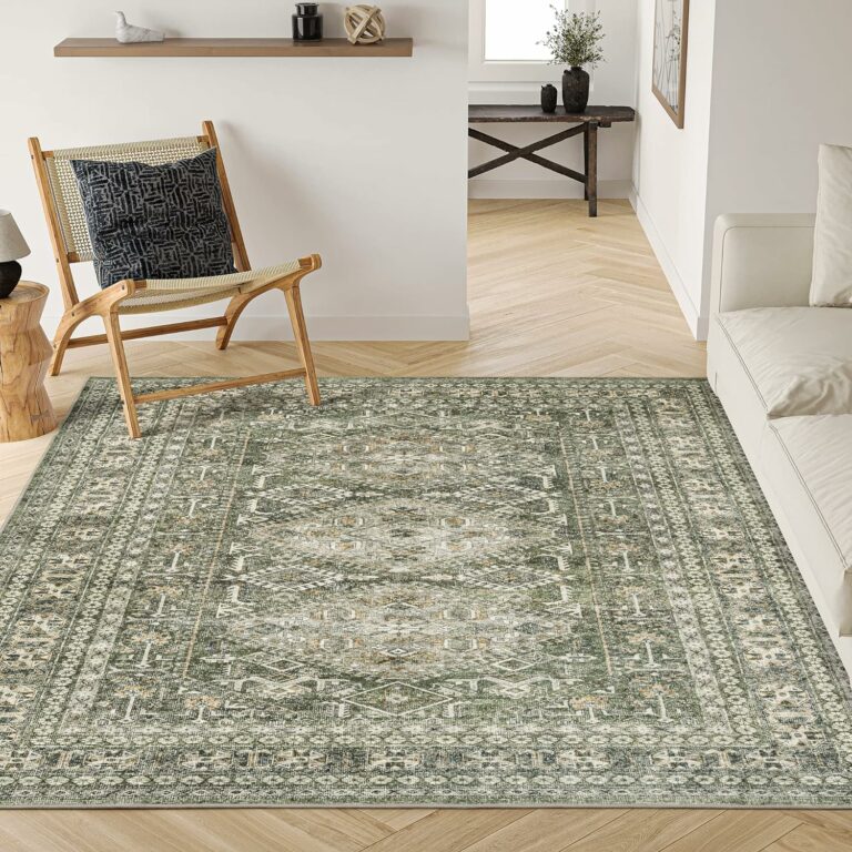 Valenrug Washable Rug 8×10 – Ultra Thin Green Collection Area Rug, Stain Resistant Non-Skid Rugs for Living Room, Antique Bedroom Rugs(8’x10′, TPR38-Green)