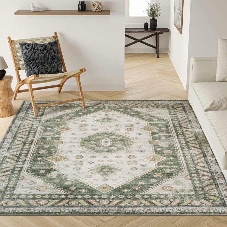 Valenrug Washable Rug 8×10 – Ultra Thin Green Collection Area Rug, Stain Resistant Non-Skid Rugs for Living Room, Antique Bedroom Rugs(8’x10′, TPR41-Green)