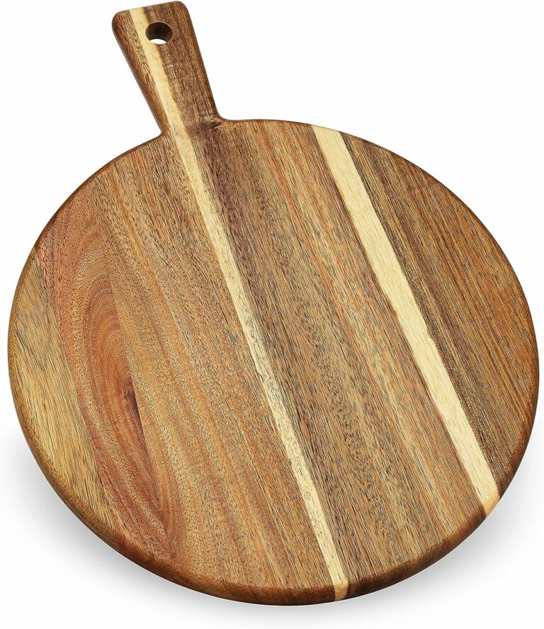 Acacia Wood Round Cutting Board and Chopping Board with Handle for Meat, Cheese Board, Vegetables, Bread, and Charcuterie – Decorative Wooden Serving Board for Kitchen and Dining Room, Large 17″ x 13″