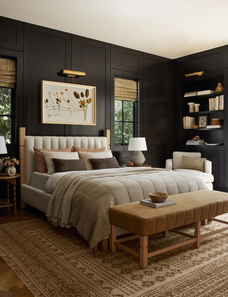 dark bedroom with light furniture