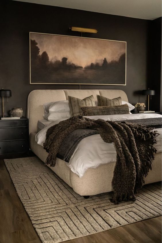 Layered bed dark bedroom