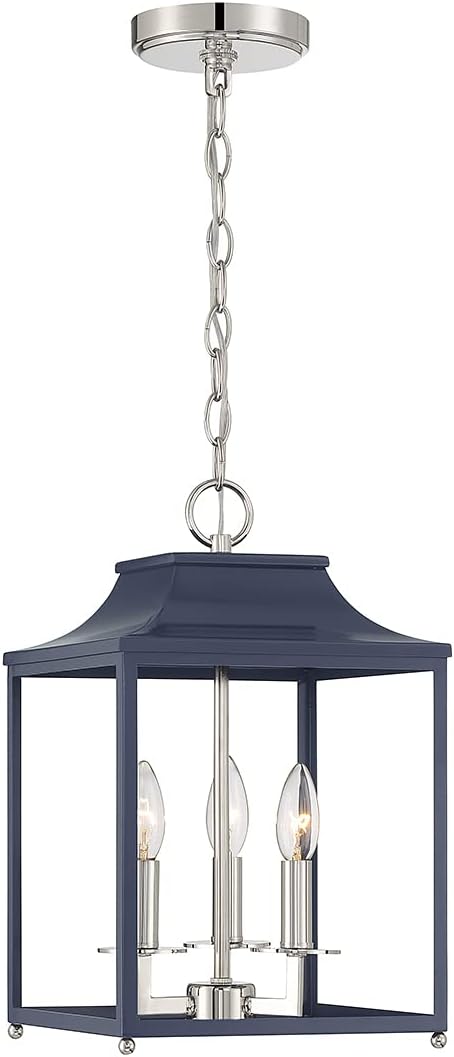 FR30013NBLPN Lantern 3-Light Pendant, Candle Pendant Light Kitchen Island, Industrial Light Fixture for Outdoor, Porch, Farmhouse, Bathroom, Navy Blue with Polished Nickel (10″W x 16″H)