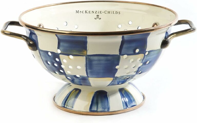 MACKENZIE-CHILDS Enamel Colander, Decorative Kitchen Strainer, Cute Enamel Cookware, Small, Royal Check