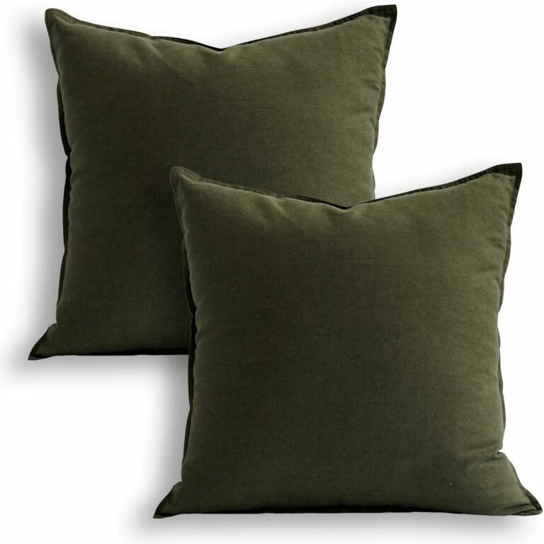 Jeanerlor Pack of 2 24 x 24 Inch Cotton Linen Soft Soild Decorative Square Throw Pillow Covers Green Cushion Case Set for Bedroom/Sofa/Car 60 x 60 Cm,Olive Green