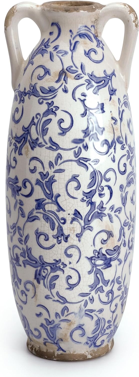 VICTOR & TERESA Blue and White Floor Vase for Pampas Grass, 13.8” Tall Vase for Home Decor, Ceramic Farmhouse Decorative Large Vases for Flower, Mantel, Living Room, Shelf, Centerpieces, Gift for Mom