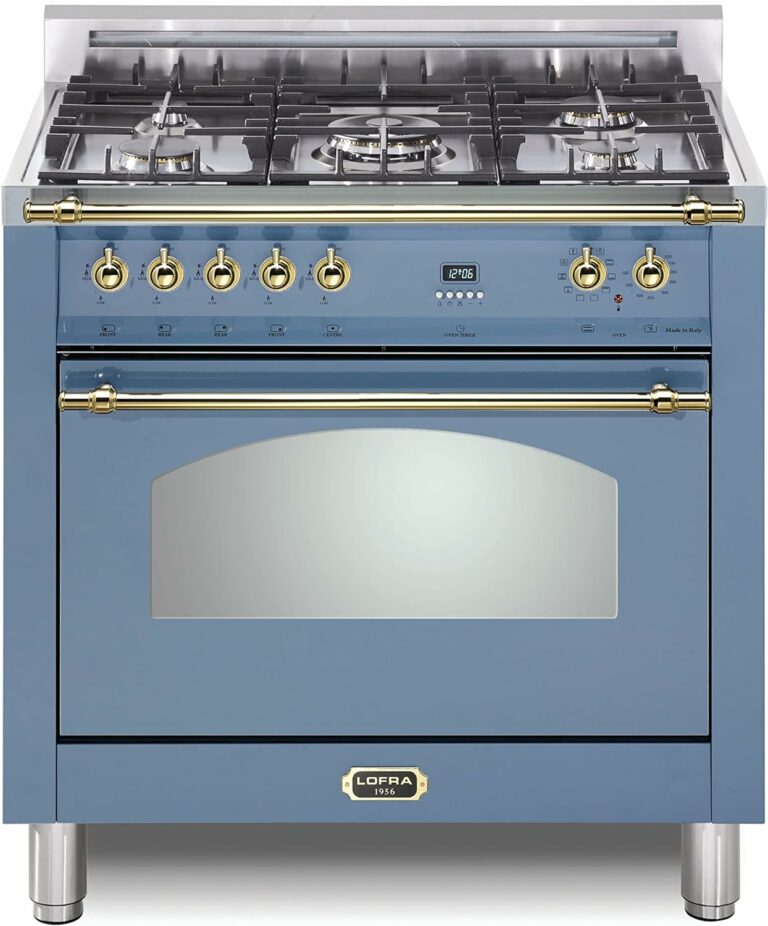 DolceVita Series 36 Inch Freestanding Dual Fuel Range Oven Stove, Cooktop 5 Sealed Brass Burners, Convection, 9 Cooking Modes, Knobs and Handrail Brass, in Lavender