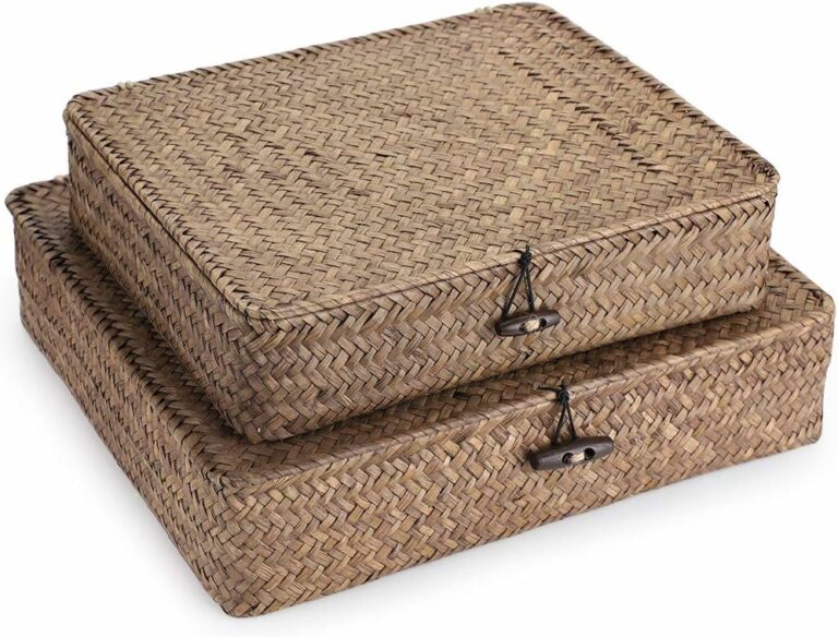 Hipiwe Set of 2 Flat Woven Wicker Storage Bins with Lid Natural Seagrass Basket Multipurpose Home Boxes for Shelf Organizer (Coffee)