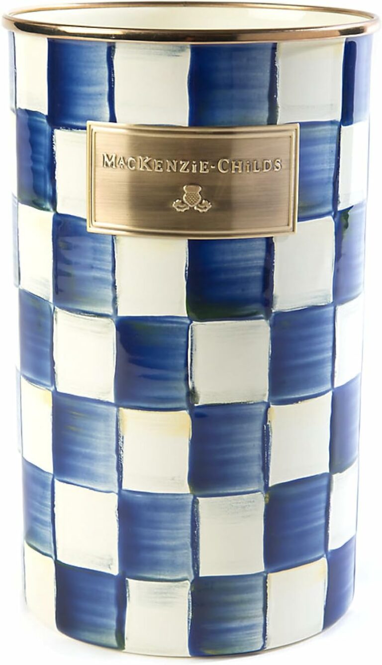 MACKENZIE-CHILDS Enamel Utensil Holder, Kitchen Utensil Holder for Countertop, Storage Caddy, Blue-and-White Royal Check