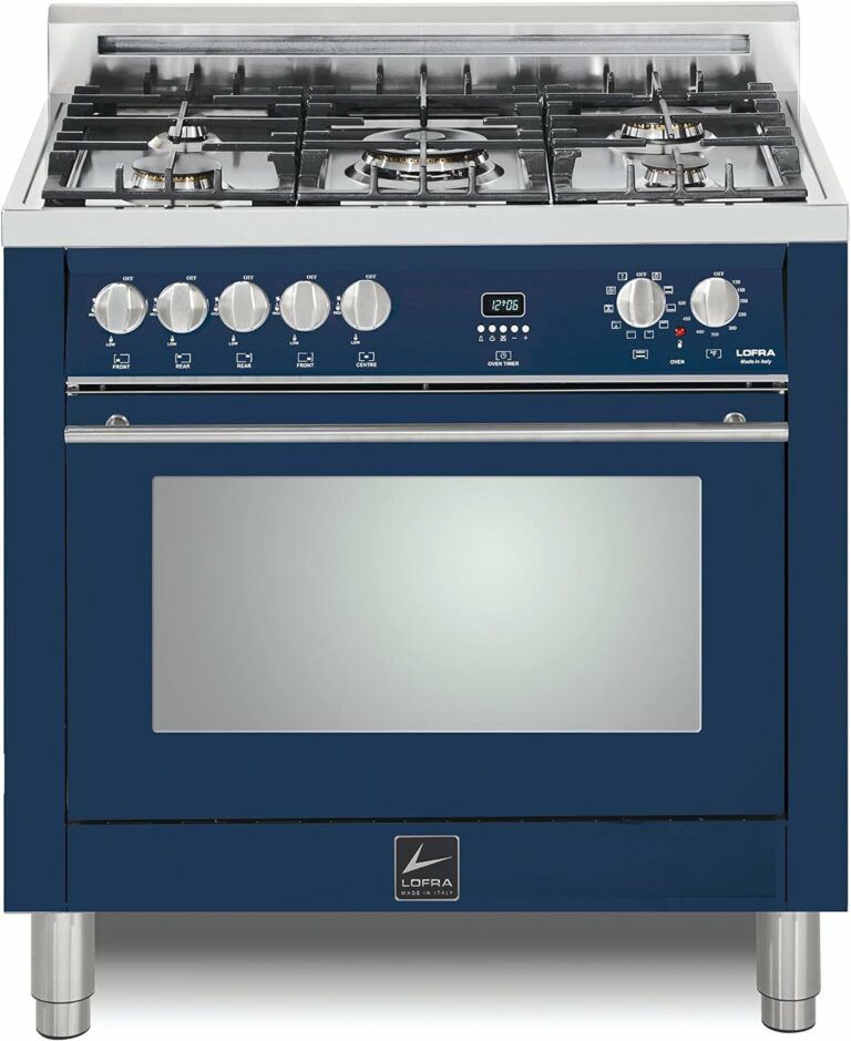 Maestro Series 36 Inch Freestanding Dual Fuel Range Oven Stove, Cooktop 5 Sealed Brass Burners, Convection, 9 Cooking Modes, in Blue