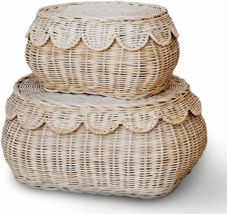 Hand Woven Rattan Basket Set – 15x10x6 Inch – Small Scalloped Baskets – Round Wicker Basket – Wicker Storage Basket – Rattan Basket With Lid