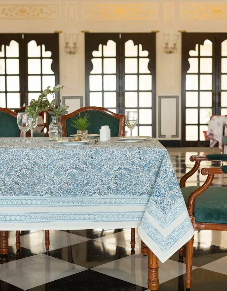 Indian Handblock Print Rectangular Cotton Floral 72×135 Inch 10-Seater Table Cloth|French Ethnic Thanksgiving Festive Holiday Decor |Bridal Party Indoor & Outdoor Table Cover |Blue Butterfly