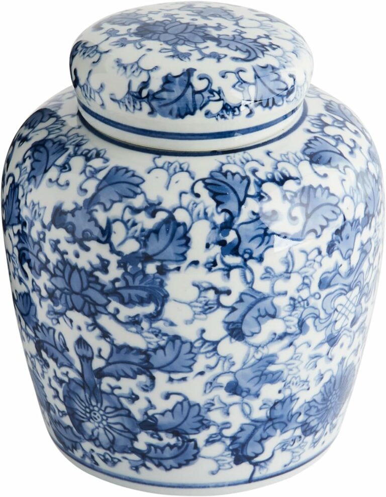 Creative Co-Op Blue & White Ceramic Ginger Jar with Lid