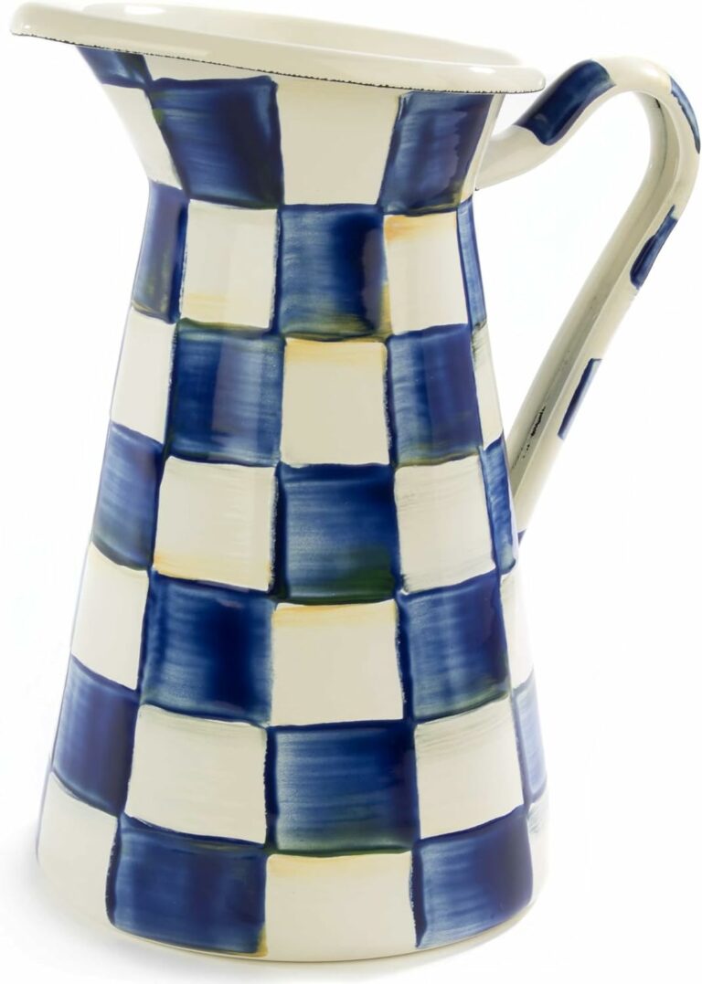 MACKENZIE-CHILDS Practical Enamel Pitcher with Spout for Water, Flowers, and More, Medium, Blue-and-White Royal Check