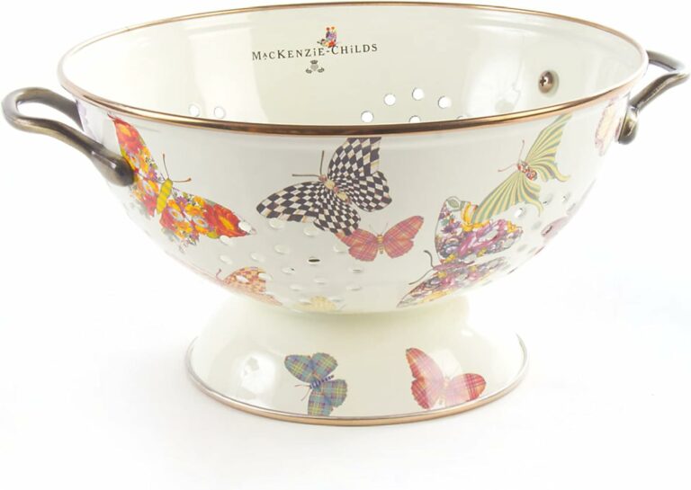 MACKENZIE-CHILDS Enamel Colander, Decorative Kitchen Strainer, Cute Enamel Cookware, White, Butterfly Garden