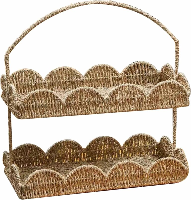 Seagrass Storage Baskets 2 Layers Scalloped Basket Tray with Handle Rustic Decorative Woven Basket with Scalloped Edge Coffee Table Basket Organizer for Home Living Room Organizing 15.6×7.9×9.8 Inch