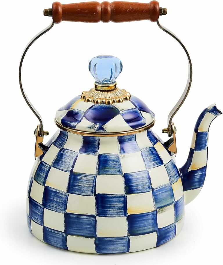 MACKENZIE-CHILDS Enamel Tea Kettle, Cute Kitchen Kettle for Stovetop, 2-Quart Capacity, Blue-and-White Royal Check