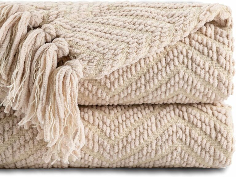 BATTILO HOME Beige Throw Blanket for Couch, Knitted Beige Blanket for Bed, Neutral Throw Blanket Tan Throw Blanket for Room Decor Housewarming Gifts, 50″ x 60″