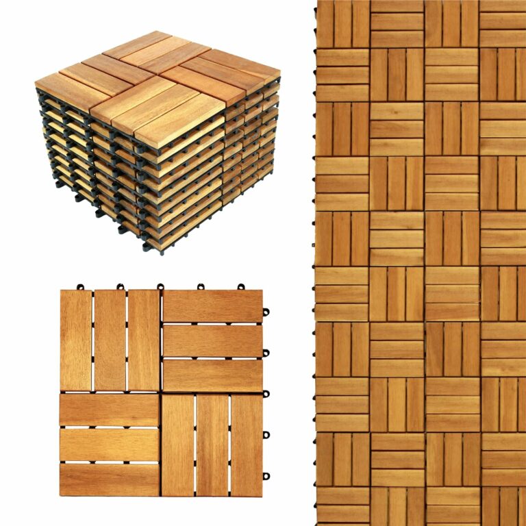 10Pcs Interlocking Deck Tiles – Waterproof 12”x12” Acacia Wood Tiles, Patio Tiles for Indoor and Outdoor, interlocking outdoor floor tiles, pavers, 12 Slats Checker Pattern (Natural, 12in)