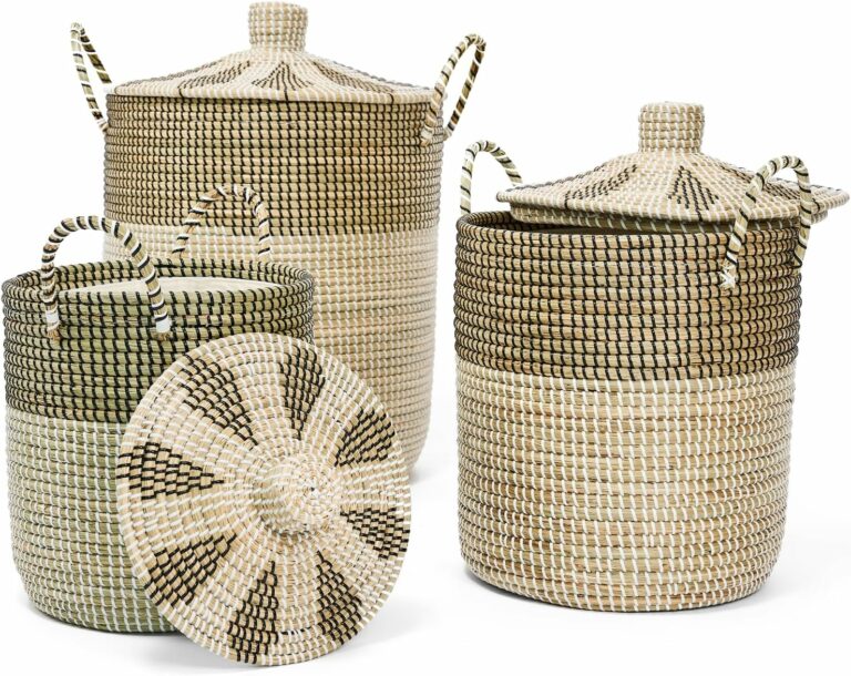 Set of 3 Laundry Baskets Hamper, 75L Seagrass Handwoven Storage Basket with Lid Handles, 100% Natural Vietnamese Woven Decorative Wicker Clothes Hamper, Suitable for Any Home Style