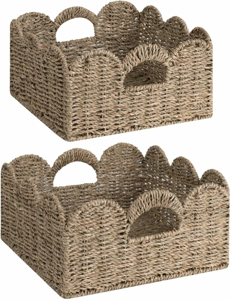 StorageWorks Wicker Storage Baskets, Hand-Woven Basket for Shelves, Scalloped Edge Basket with Handle, Natural Seagrass Organizing, Set of 2