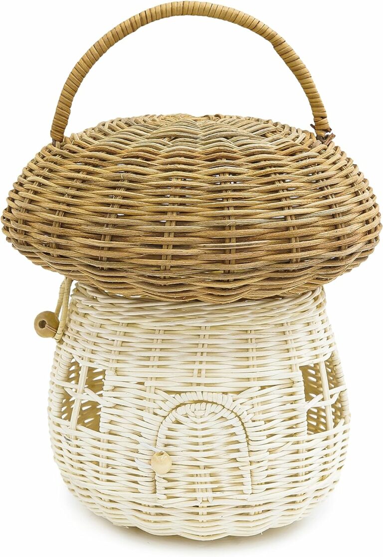 KOLWOVEN Mushroom Rattan Storage Basket with Lid – Mouse in a Box House- Small Doll house- Decorative Hand Woven Shelf Organizer Cute Handmade Handcrafted Gift Decoration Artwork Wicker (Natural)