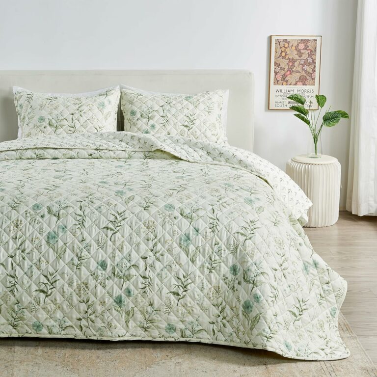 Full / Queen Size Floral Quilt Bedding Set | Spring Neutral Floral Bedspread | 3-Piece Reversible Summer Bedding Sets & Collections | Lightweight Quilted Coverlet (Full / Queen, Natural Floral)