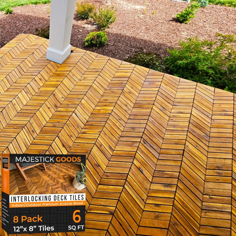 Interlocking Deck Tiles 12″ x 9″ Herringbone 6 Sq Ft – Non-Slip Acacia Wood Outdoor Tiles for Patio – Decking, Porch and Balcony Flooring Tiles – Easy to Install Wooden Deck Tile Pavers (8 Pack)