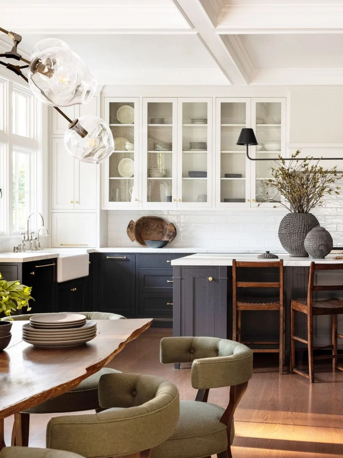 navy lower cabinets and cream upper cabinets