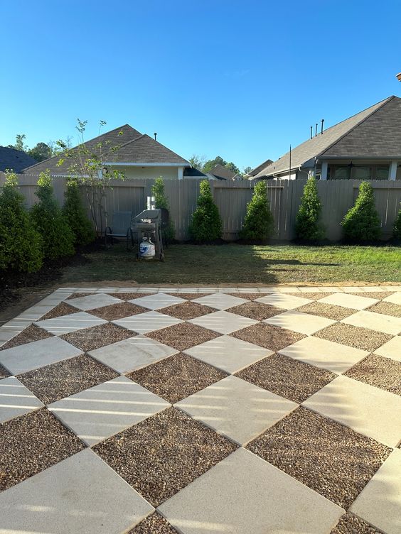 pea gravel checkered patio