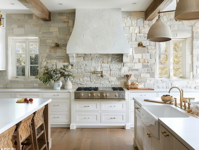 white kitchen with stone backsplash