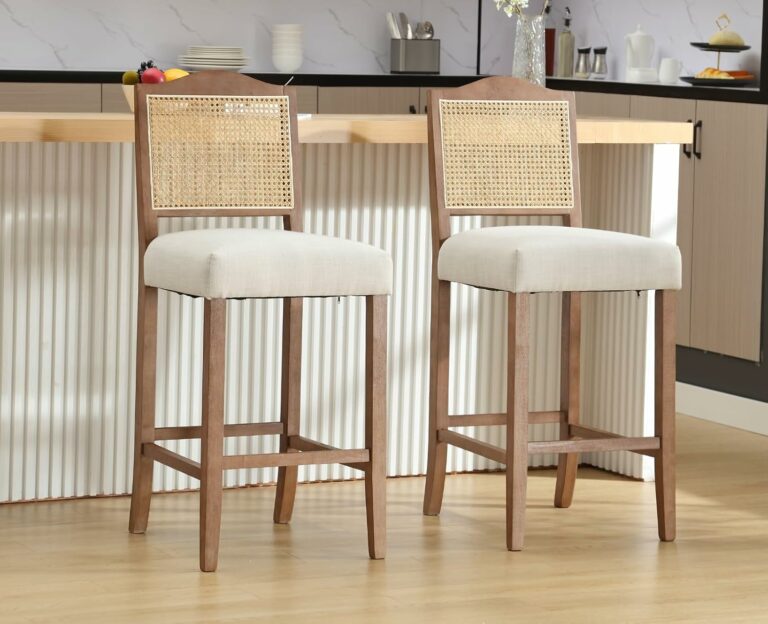 EALSON Counter Height Bar Stools Set of 2 Farmhouse Barstools with Rattan Back Linen Upholstered Bar Chairs Mid Century Wood Breakfast Bar Stool Chairs for Kitchen Island, 30 Inch Beige