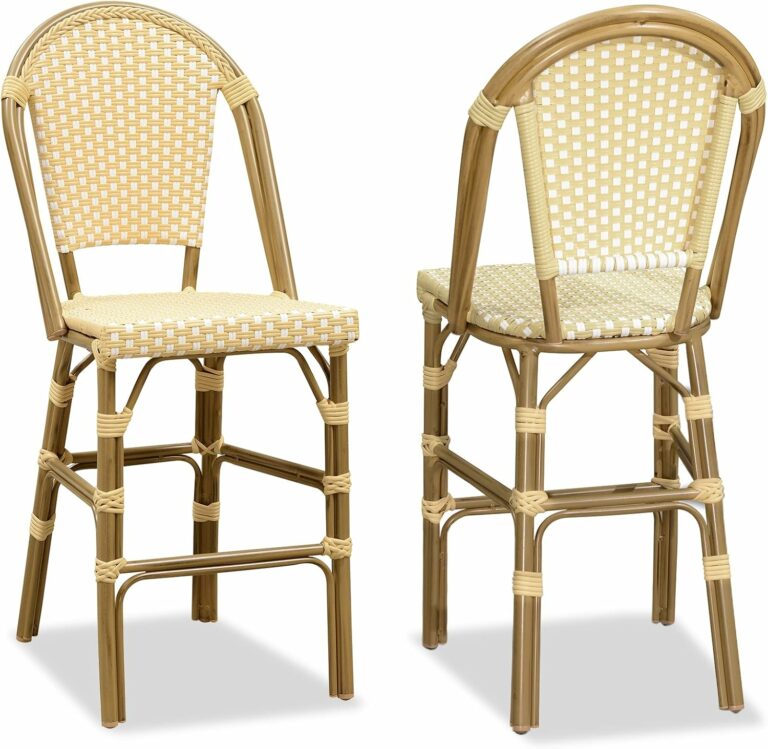 PURPLE LEAF French Counter Height Bar Stool Set of 2 25″ Bamboo Print Finish Patio Bar Chairs with Back Rattan Bar Chairs French Bistro Set for Kitchen Outdoor Counter Stool Cream Yellow