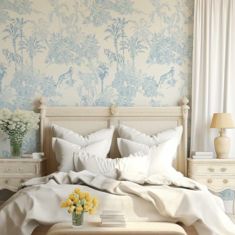 Toile Wallpaper Blue and White Peel and Stick Wallpaper Accent Wall French Chinoiserie Style Country Farmhouse Temporary Wallpaper for Apartments Nursery Wallpaper